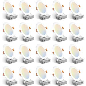 Amico 20 Pack 6 Inch 5CCT Ultra-Thin LED Recessed Ceiling Light with Junction Box, 2700K/3000K/3500K/4000K/5000K Selectable, 12W Eqv 110W, Dimmable Can-Killer Downlight, 1050LM Wafer Lighting - ETL