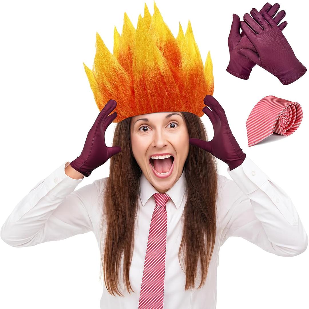 3pcs Halloween Anger costume Adult, Halloween Costumes for Adults Include Wig, Red and White Striped Tie and Red Gloves, Angry Costume for Cosplay, Dress Up Party Supplies