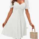 Women's Boho 2025 Summer Mini Dress, Summer Short Puff Sleeve Mini Dress Drawstring Neck, L