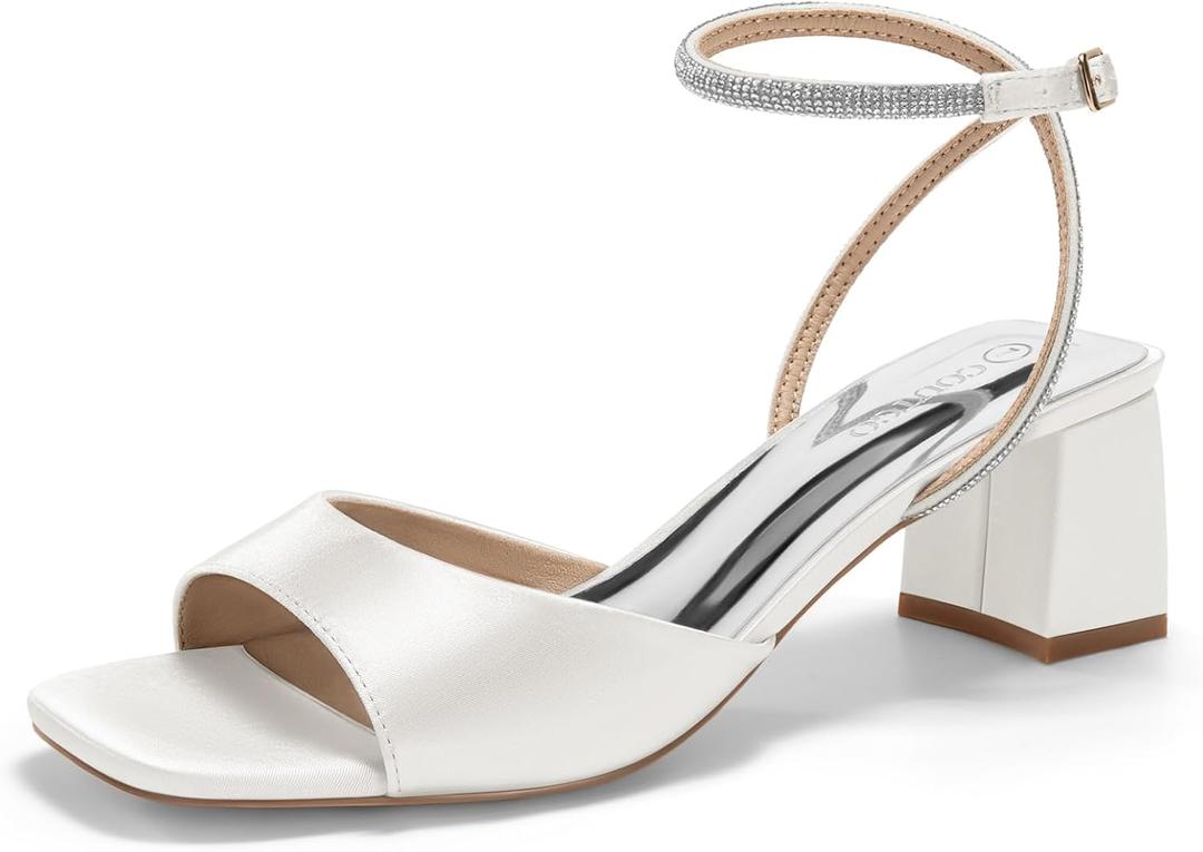 Coutgo Womens Heeled Sandals Rhinestone Chunky Low Heels Satin Square Toe One Strap Ankle Buckle Dress Shoes (8.5, White)