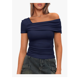 Darong Women's Summer Short Sleeve One Off The Shoulder Top Ruched Going Out Tops Slim Fit Y2K Shirt, L