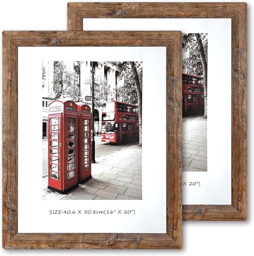 16x20 Picture Frame, Set of 2 Picture Frames Plexiglass and Composite Wooden Rustic Rounded Corners Poster Frame for Wall Mount with Hanging Hardware(Brown)