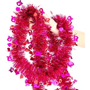 33FT Valentines Tinsel Garland, Red Pink Metallic Twist Foil Tinsel Garland with Heart Ornament Hanging Heart Garland for Valentines Wedding Birthday Party Indoor Outdoor Decoration