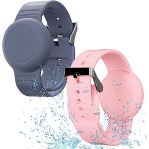 Waterproof Bracelet Compatible with Airtag Case for Kids(2 Pack), Soft Silicone Hidden Wristband, Lightweight GPS Tracker Compatible with Apple Air Tag Watch Band for Child (Grey Blue & Pink)