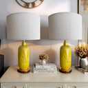Ceramic Table Lamps, Set of 2 Modern Table Lamps for Bedroom Living Room Bedside Tables, Farmhouse Style with Linen Lampshades(Yellow)