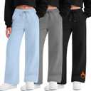 3 Pack Girls' Sweatpants Fleece Lined Wide Leg Drawstring Casual Kids Open Bottom Pants with Pockets Teen Girl (11-12 Years, Blue, Heather Gray, Black)