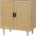Finnhomy Sideboard Buffet Kitchen Storage Cabinet with Rattan Decorated Doors, Dining Room, Hallway, Cupboard Console Table, Liquor / Accent Cabinet, 31.5X 15.8X 34.6 Inches, Natural (Natural, Wood)