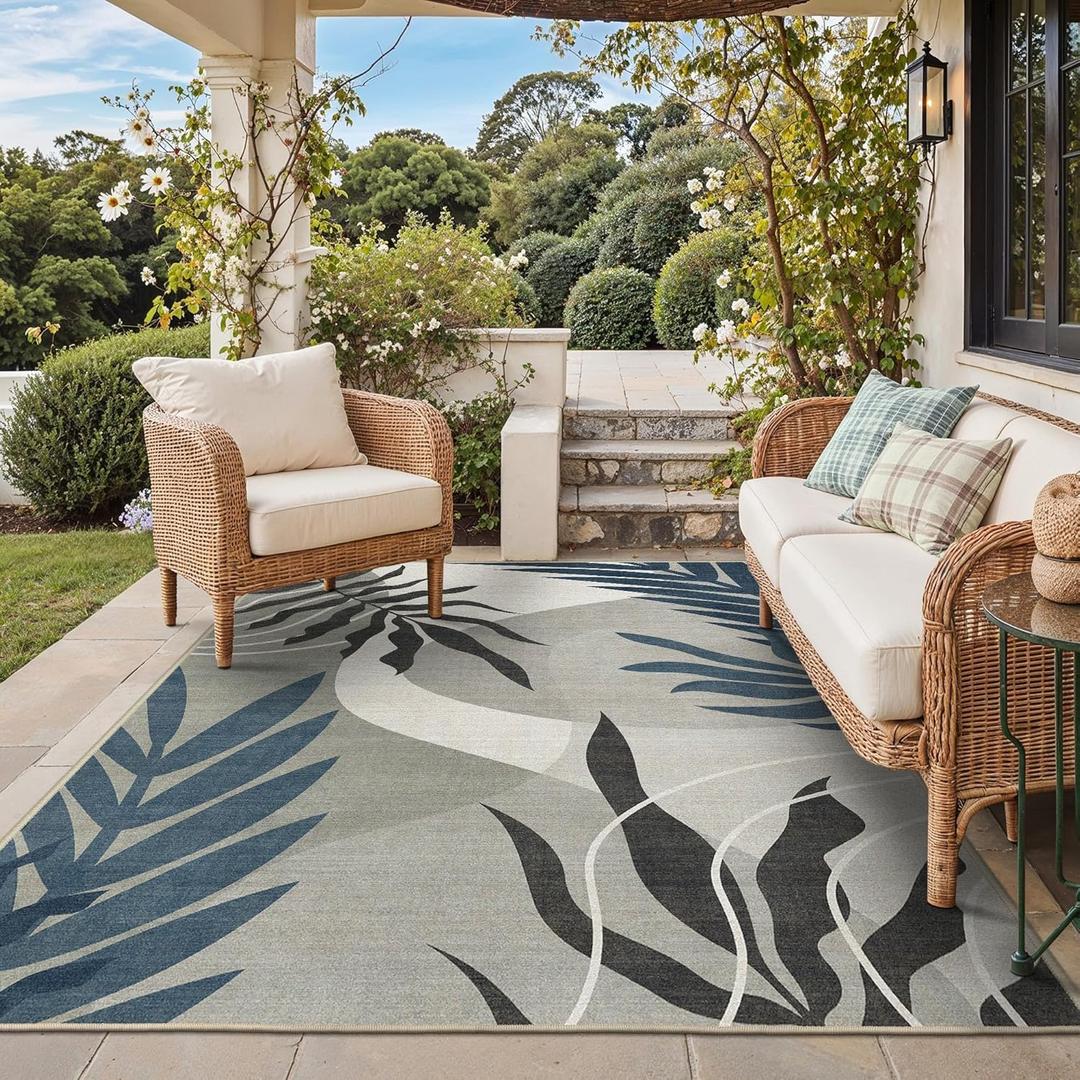 GENIMO Outdoor & Indoor Area Rug 8'x10', Waterproof, Non-Shedding, Easy Cleaning, Leaf Mat for Patio, Living Room, Balcony, Dining Room, RV, Deck, Bedroom, Camping, Outside Carpet, Blue Grey
