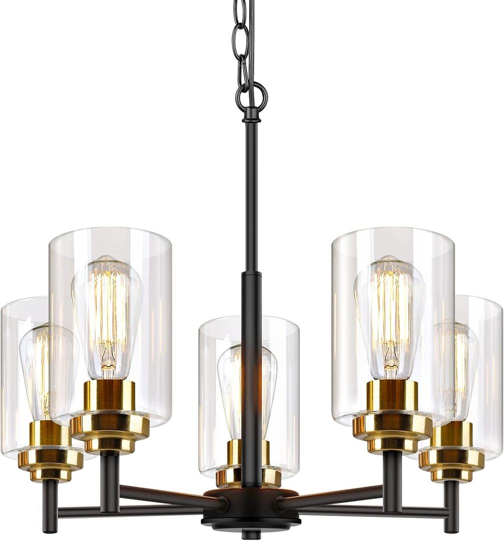 5-Light Chandelier for Dining Room Kitchen Island Modern Farmhouse Pendant Lighting with Clear Glass Shades Industrial Black Hanging Ceiling Light Fixture for Foyer Living Room, Height Adjustable