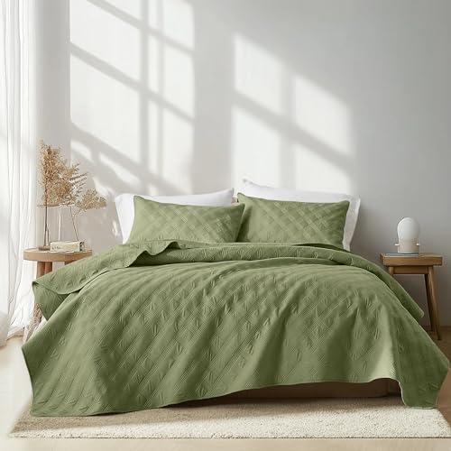 inron Quilt Set King Size, Green Microfiber Ultrasonic Cal King Bedspreads, Lightweight Breathable Coverlet, Modern Geometric Pattern Thin Bedding Set for All Season (1 Quilt, 2 Pillow Shams)