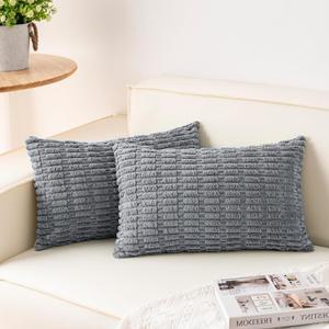 Aegero Pack of 2 Corduroy Decorative Throw Pillow Covers 12x20 InchSoft Boho Striped Pillow Covers Modern Farmhouse Home Decor for Sofa Living Room Couch BedLight Grey