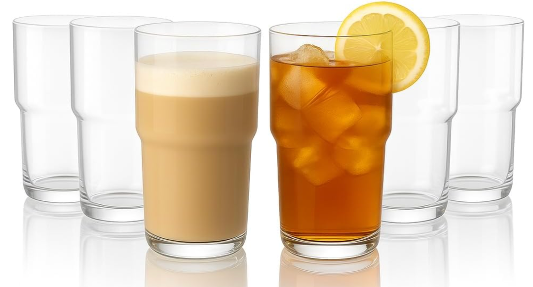 LEMONSODA Stackable Iced Coffee Glasses Set of 6, 48-15 and 21oz Drinking Glasses for Lattes, Tea, Coffee, and Water (21oz, Set of 6)