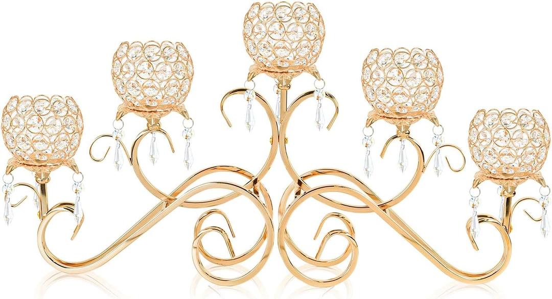 Gold 5 Arms 26.8 Inches Wide Crystal Pendant Bowl Tea Light Candle Holder, Large Bling Centerpiece Table Decorations, Metal Votive Candle Holders for Dining Table (Gold, Bowl-Shaped)
