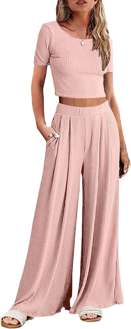 Ekouaer Women's 2 Piece Lounge Sets Short Sleeve Pajama Set Ribbed Knit Crop Top Wide Leg Pants Loungewear S-XXL (Medium, Light Pink)