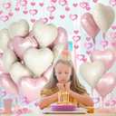 3 x Pink White Heart Balloons, 24Pcs 18Inch Baby Pink Cream White Foil Shaped Love Balloons and 50Pcs Hanging Streamer for Valentine's Day Decorations, Birthday, Wedding Party