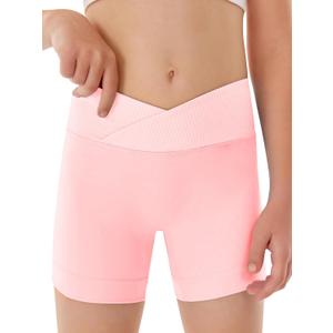 Girls Athletic Shorts Slim Tummy Control V Cross Waist Short Leggings Bike Dance Gymnastics Shorts (Pink)