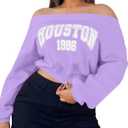 LovelyWholesale Women Off the Shoulder Sweatshirt Graphic Crop Tops Long Sleeve Shirts Neon Pink Medium (Pink, M)