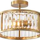 Brass Gold Flush Mount Ceiling Light, 2- Light Caged Crystal Chandelier, Small Drum Hallway Light fixtures Ceiling Mount (Brass Gold)