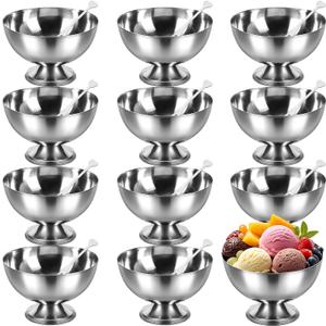 Honeydak 12 Set Stainless Steel Ice Cream Bowl with Forks Serving Dessert Cup Sauce Bowls Dish Metal Dessert Glasses Salad Holder Round Footed Yogurt Snack Candy Cups for Fruit Pudding(4.2 Inch)