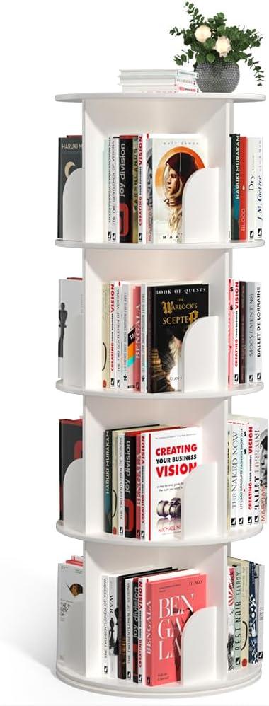 Nidouillet Rotating Bookshelf, 4 Tier Spinning Bookcase Tower Lazy Susan, Revolving 360 Book Shelf Storage Round Organizer, Vertical Rotate Turning Corner Book Case for Small Space, White