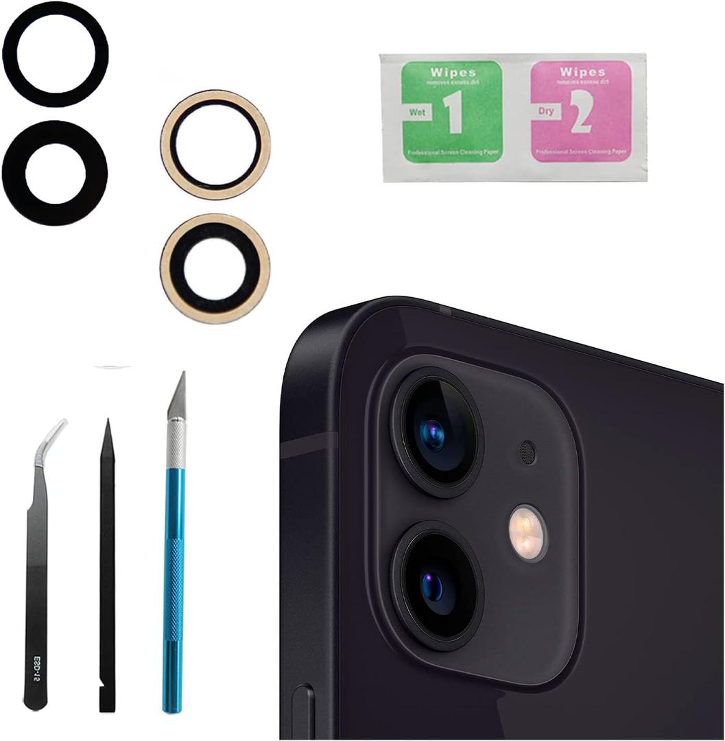 2 Pcs/set 12/12 Mini Rear Camera Lens Replacement for iPhone 12 / iPhone 12 Mini, Anti-Lens Scratch & Waterproof, Back Glass Camera Lens Cover Replacement with Pre-Installed Adhesive + Repair Tool Kit