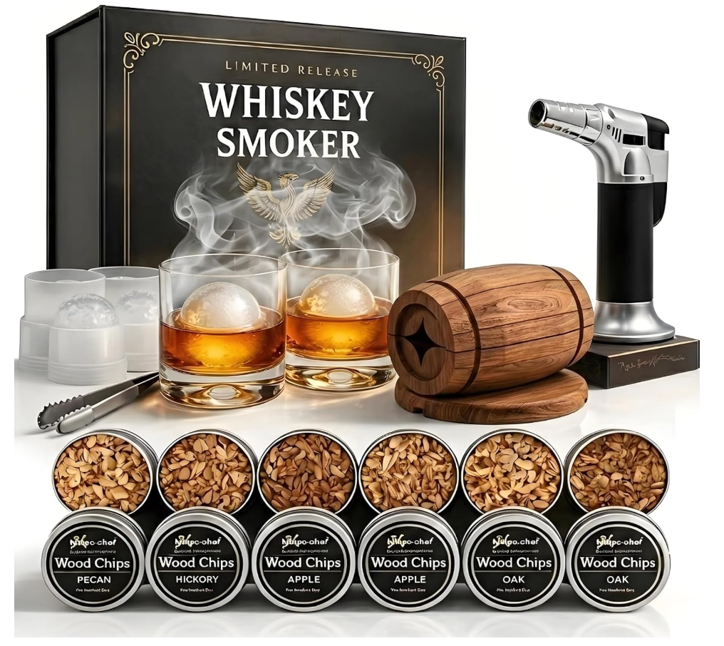 Whiskey Bourbon Cocktail Smoker Infuser Kit with Torch - 6 Flavors Wood Chips for Old Fashioned Drinks, Unique Anniversary Christmas Housewarming Gifts for Men,Dad,Father,Husband,Birthday (No Butane)