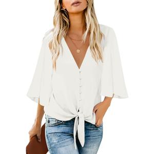 luvamia Women's Casual V Neck Tops 3/4 Sleeve Tie Knot Blouses Solid Button Down Shirts (White, XXXL)
