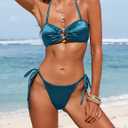 Ruched 3 Piece Swimsuits for Women Ribbed Velvet Bikini Sets with Sarong Coverup Metal Ring Bathing Suit (Blue, S)