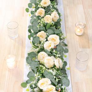 TOCHGREEN 2 Pack 12Ft Artificial Eucalyptus Flower Garland with Champagne Roses, Fake Rose Flower Greenery Garland Floral Vines for Wedding Home Party Table Runner Decor (2PCS, Champagne)