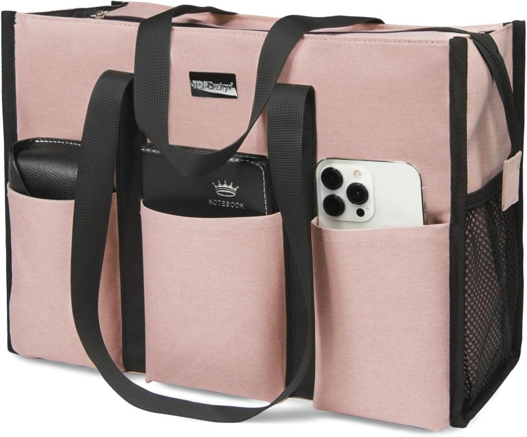 TOPDesign Utility Water Resistant Tote Bag with 13 Pockets, Top Zipper Closure & Thick Bottom Support, for Working Women (Medium, Pink)
