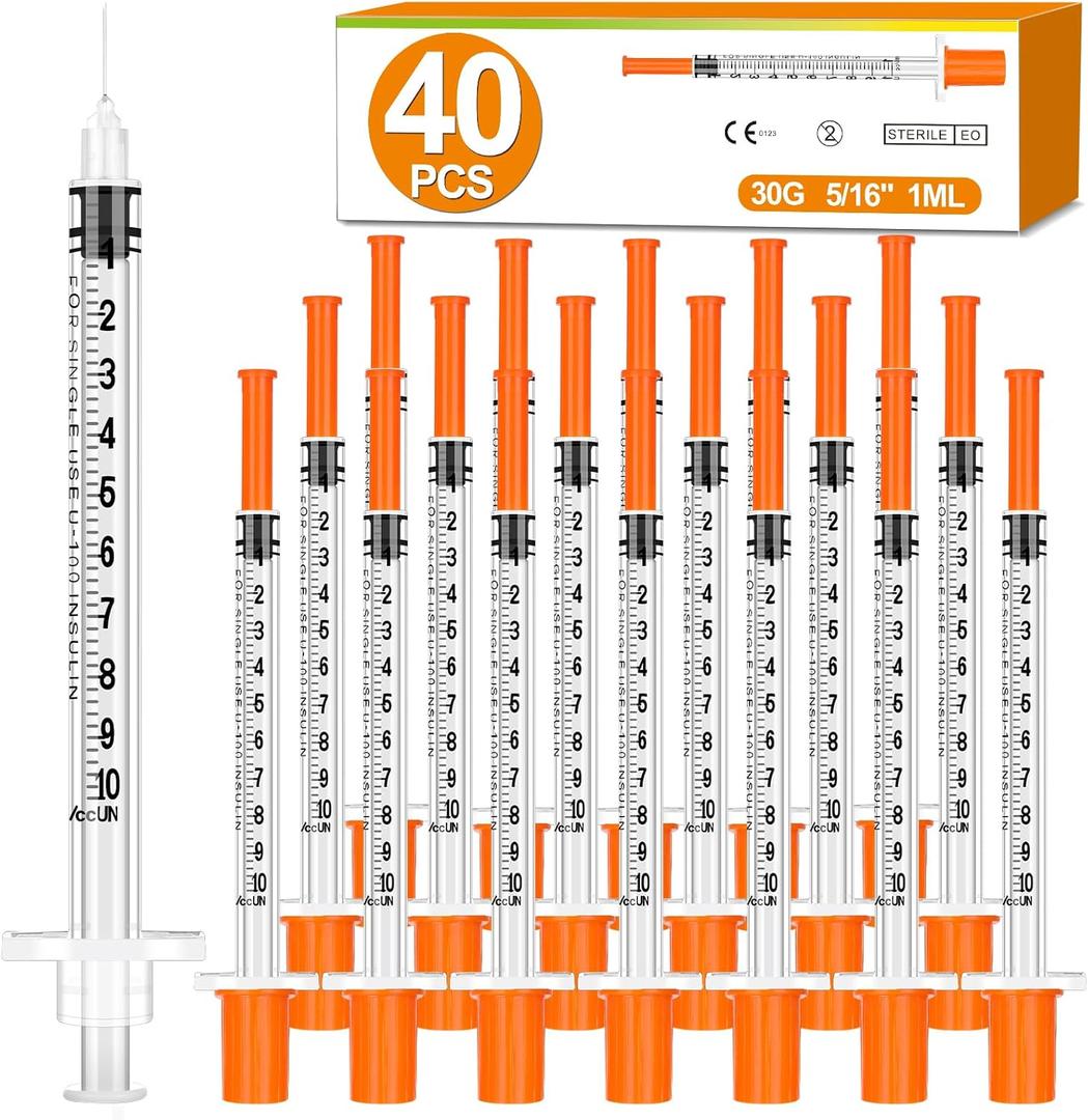 40 Pack 1ml Syringes with Needle-30Ga 5/16 Inch, Individually Sealed Packaging