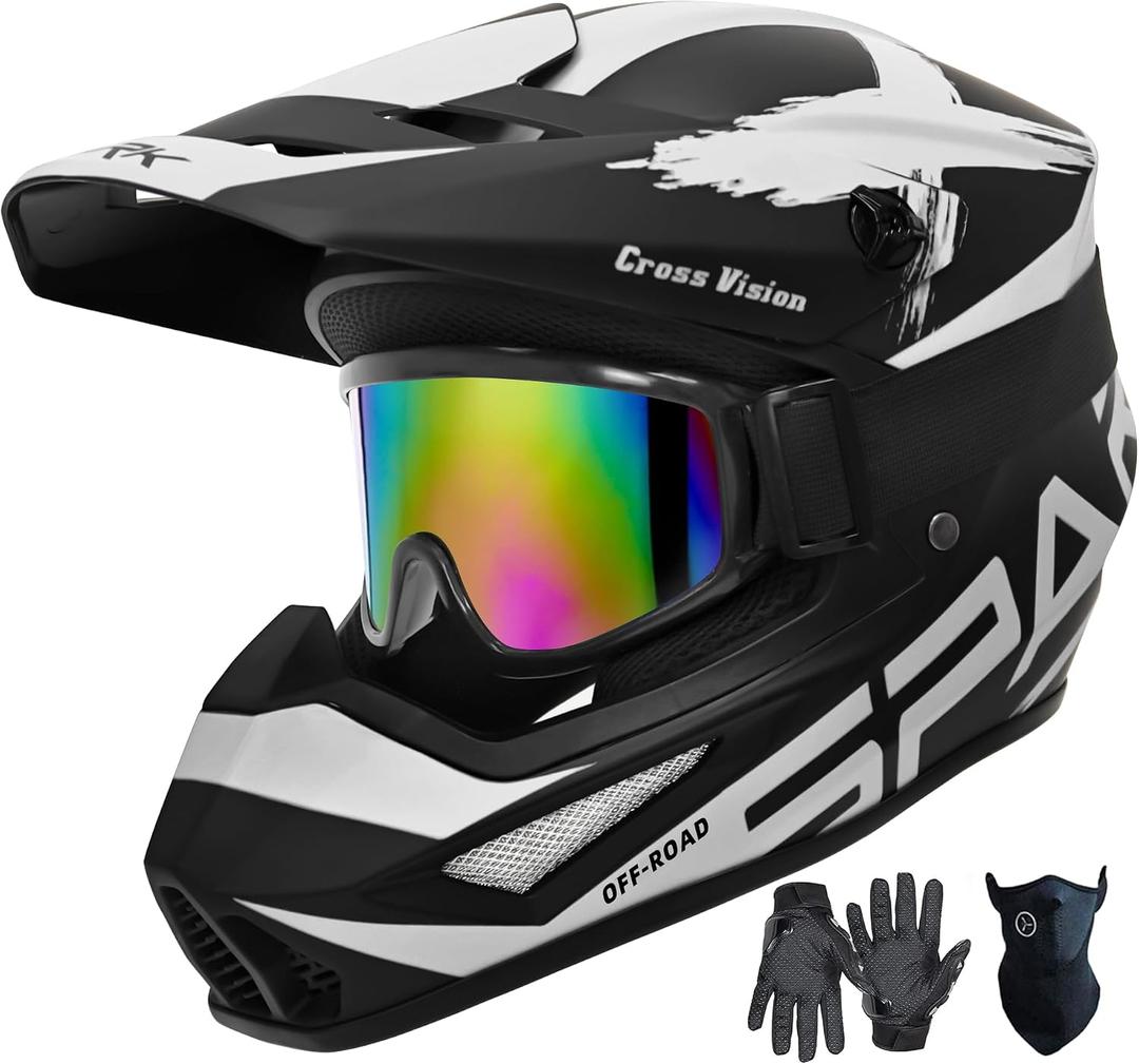 Motocross Helmet,Youth Adult ATV Dirt Bike Motorcycle Helmet,BMX 4-Wheeler Off-Road Mountain Bike Helmet,DOT Certified,W/Gloves Goggles Mask 4-Piece Set (X Silver Gray, Medium)