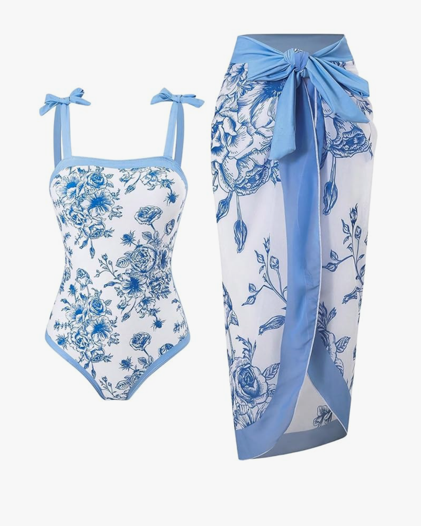 SHENHE Girl's Floral One Piece Swimsuit with Cover Up Sarong Wrap Tie Bow Cute Bathing Suit, 10Y