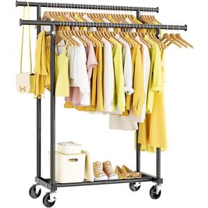 HYSEYY Clothes Rack, Double Rods Rolling Clothing Rack for Hanging Clothes, Portable Garment Rack with Wheels, Coat Rack Wardrobe Closet Load 240 LBS for Bedroom Laundry Room, Black