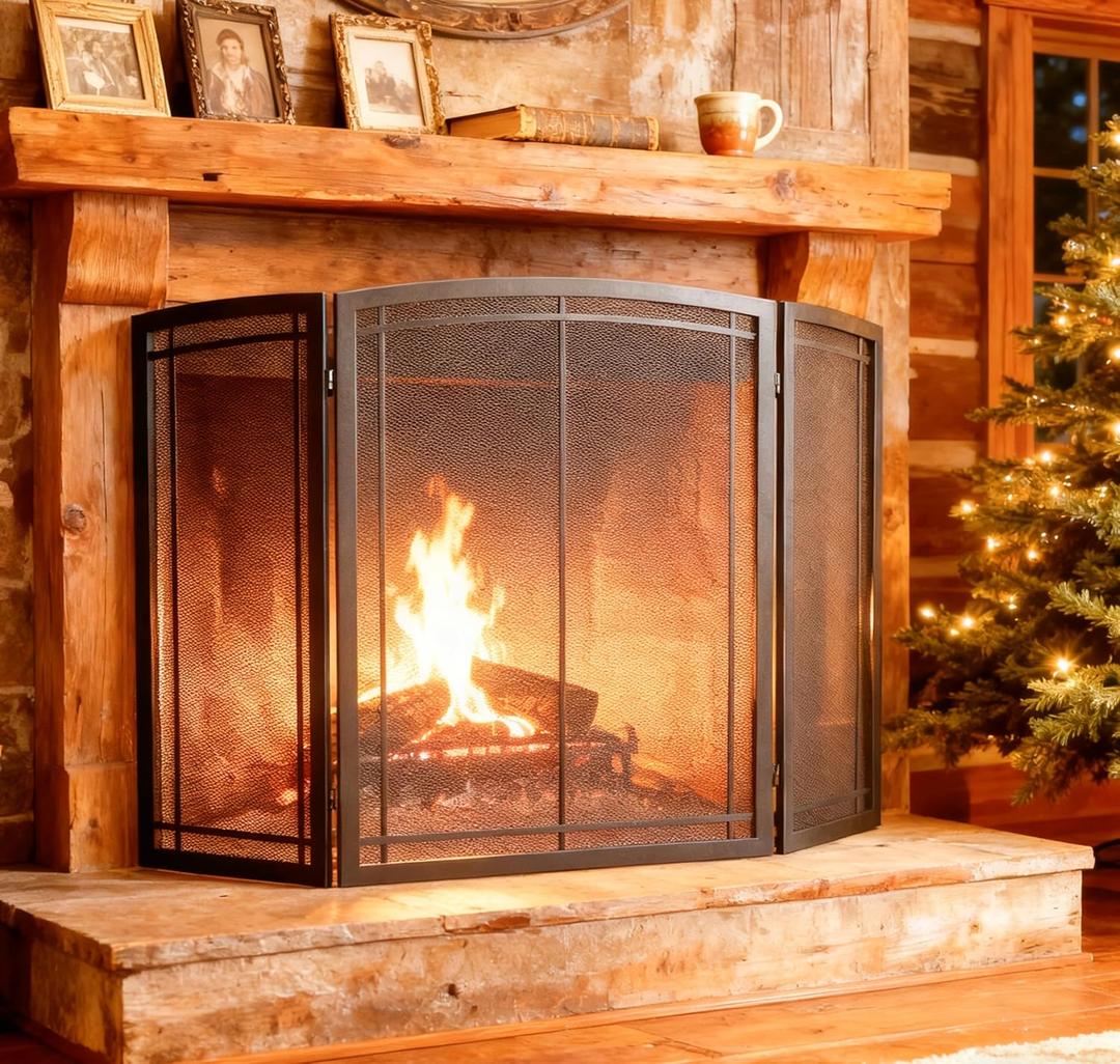 FireBeauty Fireplace Screen 3 Panel Wrought Iron Black Metal 48"(L) x30(H) Spark Guard Cover (Modern)
