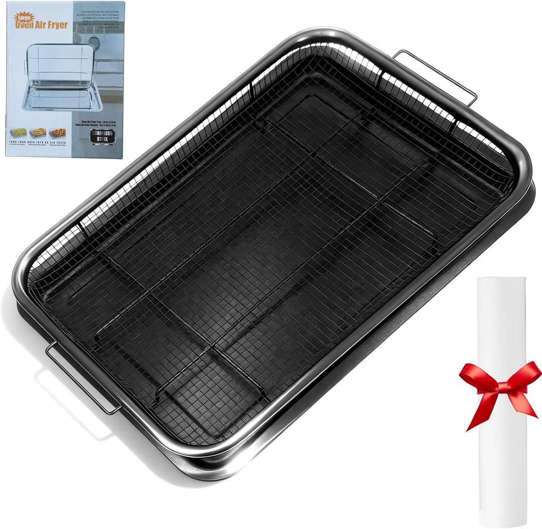 Air Fryer Basket for Oven, 15.6" x 11.6" Extra Large Stainless Steel Air Fryer Tray and Crisper Pan with 50 PCS Parchment Papers, Non-Stick Oven Basket for Baking, Grilling, and Cooking(Black)