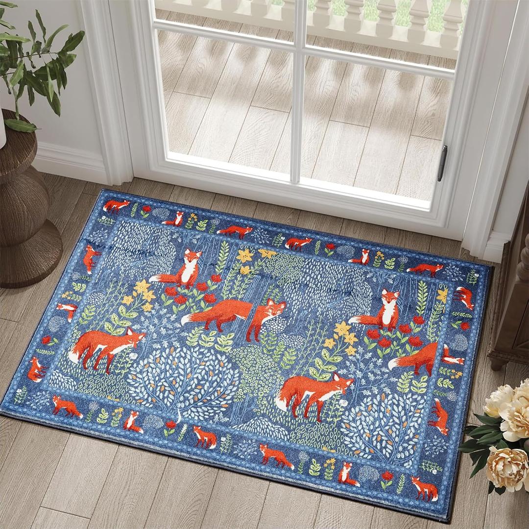 Botanical Floral Small Entryway Rug Non Slip Boho Vintage Entrance Indoor Doormat Thin Profile, Colorful Indigo Blue Cute Woodland Forest Nature 2x3 Area Rugs for Kids Bathroom Bedroom Kitchen Laundry