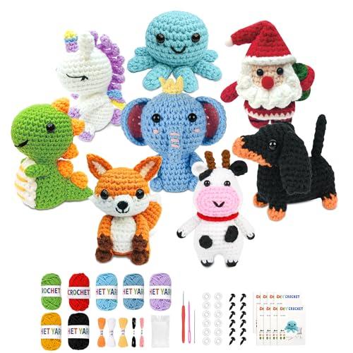 8Pcs Crochet Kit for Beginners, 2026 Great Christmas Gift for Crochet Lovers, DIY Craft for Adults and Kids, Crocheting Animal Kits with Step by Step Videos, Yarn, Crochet Hook, Birthday Holiday Gift