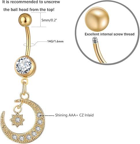 8 Pcs Stainless Steel Dangle Belly Rings for Women Reverse Navel Rings Curved Barbell Body Piercing Assorted Gold
