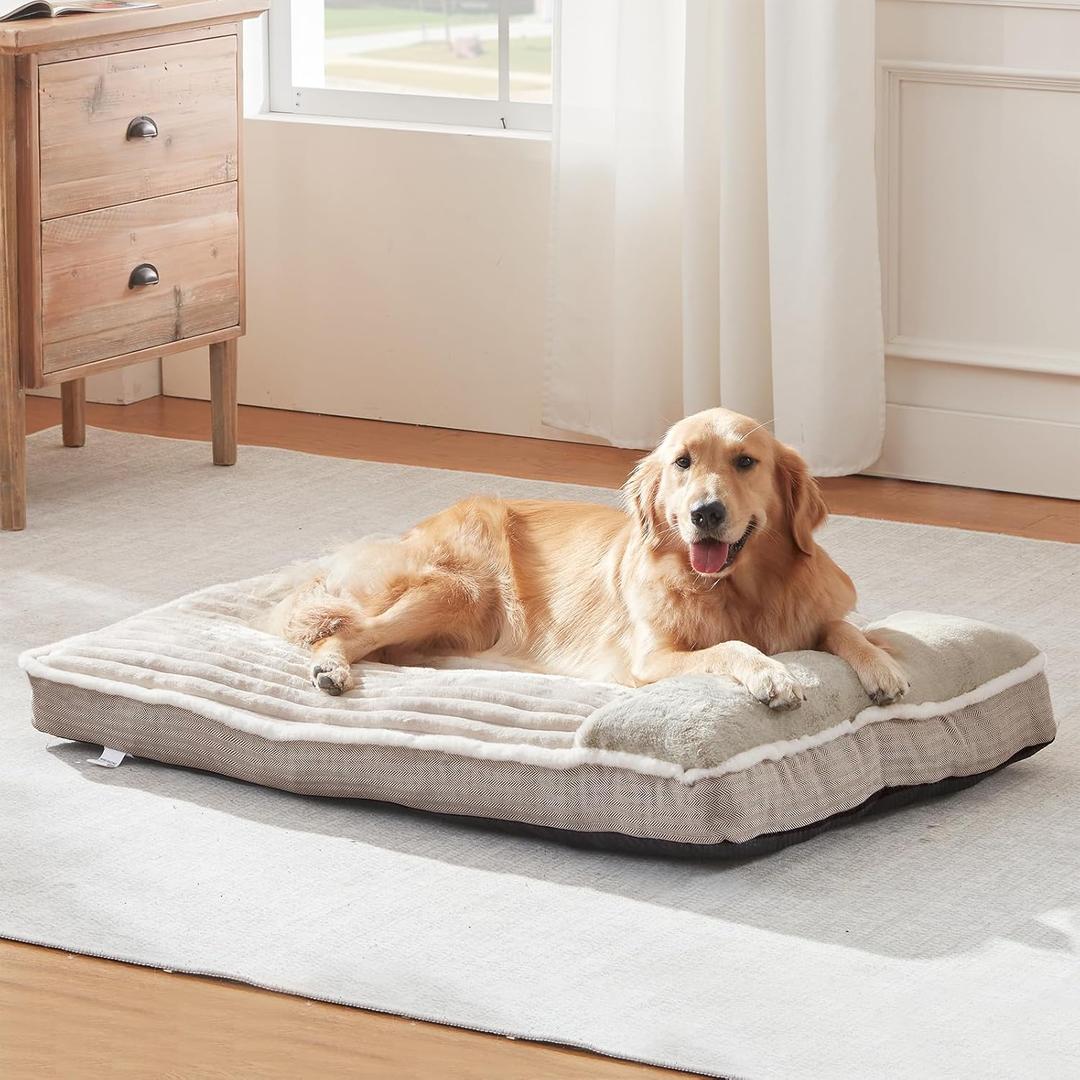 Dog Bed for Large Dogs, Dog Mattress with Pillow for Crate Kennel, Sofa pet Bed, Super Soft pet Bed for Medium, Jumbo, Small Dogs Breeds (Beige, Large:(36"x23"x3")