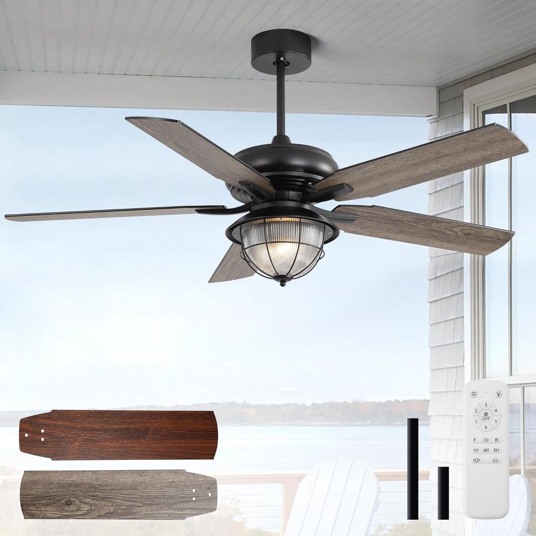 Fanerody 52 Inch Outdoor Ceiling Fan,IP65 Waterproof and Moisture-Proof Ceiling Fan,with Light and Remote Control,6-Speed Reversible DC Motor,Suitable for Pavilions and Terraces.Black And Brown 2Pack