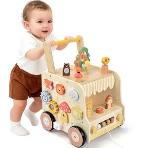 Pithfor Wooden Activity Cube Push Walker, Wooden Baby Walker, Montessori Toys for Babies 10-12 Months 1 2 3 Years Old Boys & Girls, Help Learning to Walk & Sit-to-Stand