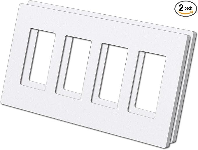 BESTTEN 2 Pack 4 Gang Screwless Decorator Wall Plate, USWP6 Gloss Snow White, Decor Switch Plate, Decorator Outlet Cover, Face Plate for Dimmer, GFCI, USB Receptacle, H4.69” x L8.35"
