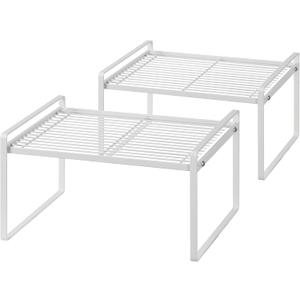 2Pack Kitchen Cabinet Shelf Counter Organizer Rack Pantry Storage Bathroom Bedroom Office Table Desk Space Saving Stackable Rust Resistant Non Slip White Wide L13.1in W10.6in H7.3in