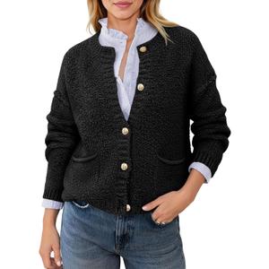 Saodimallsu Women's Chunky Knit Cardigan Button Down Crewneck Long Sleeve Cropped Sweater with Pockets (Gray, M)