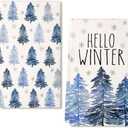 Hello Winter Kitchen Towels Set of 2,Blue Tree Snowflake Dish Hand Towels Holiday Home Indoor Bathroom Party Seasonal Noel Decorations DD019