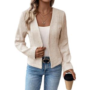 Mina Self 2026 Spring Women's Tweed Blazer Jacket - Collarless Open Front Fully Lined Elegant Fitted Fashion Casual Work Coat (Beige-3), Size MRCKLOCR20-B16-L2-R-Mercantile Dr