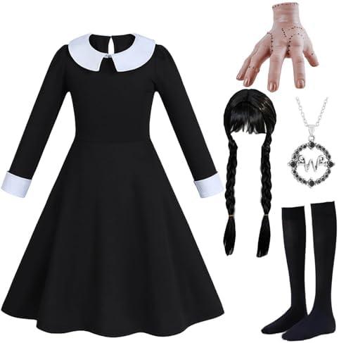 Yuiui 6pcs Girls Halloween Costume Girls Black Dress Long Sleeve with Wig Necklace Sock, 120