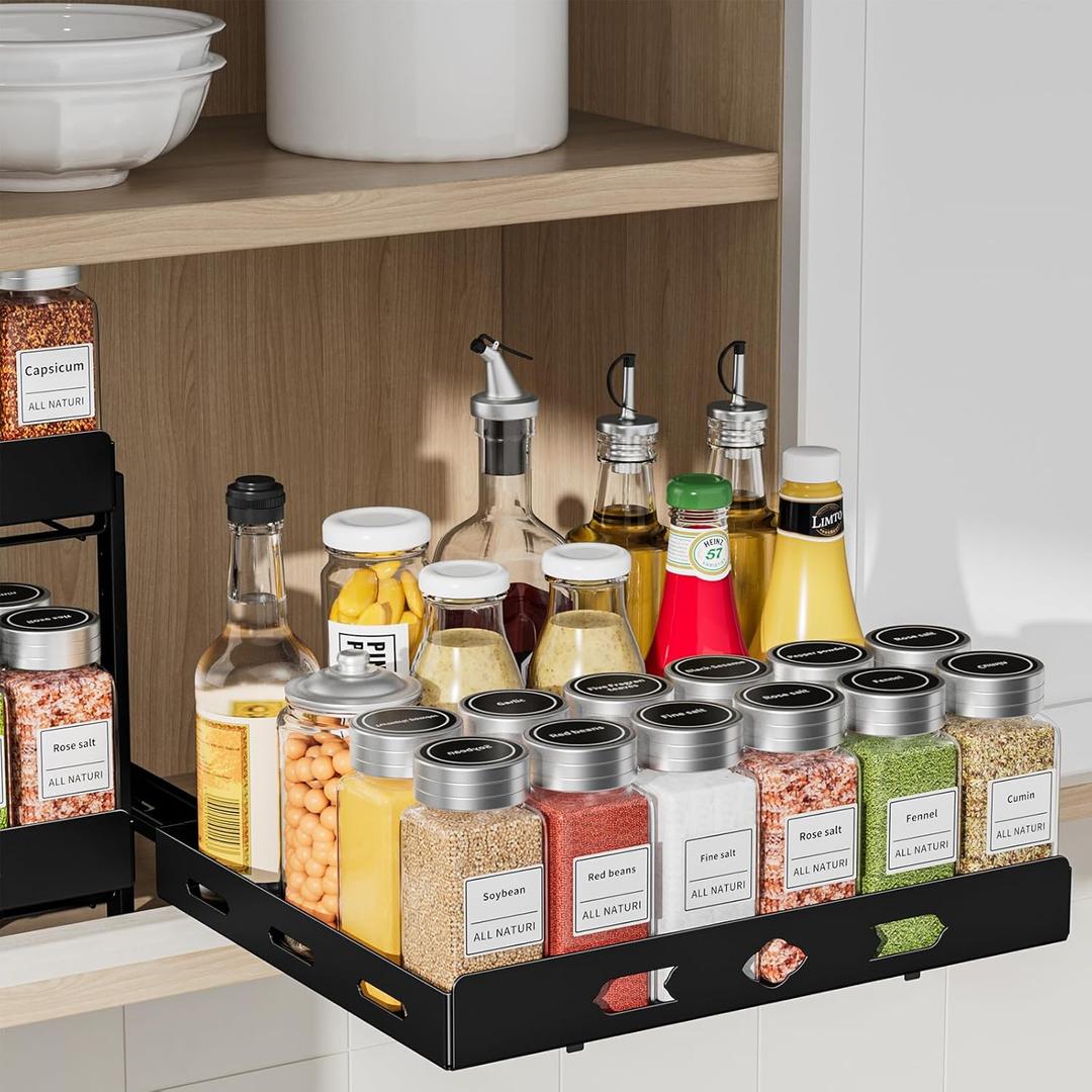 RCHYFEED Pull Out Spice Rack Organizer for Cabinet, Heavy Duty Slide Out Spice Rack for Inside Cabinets & Pantry, Kitchen Cabinet Seasoning Organizer Vertical Spice Racks,12.6" Wx10.5 Dx2.8 H,Black