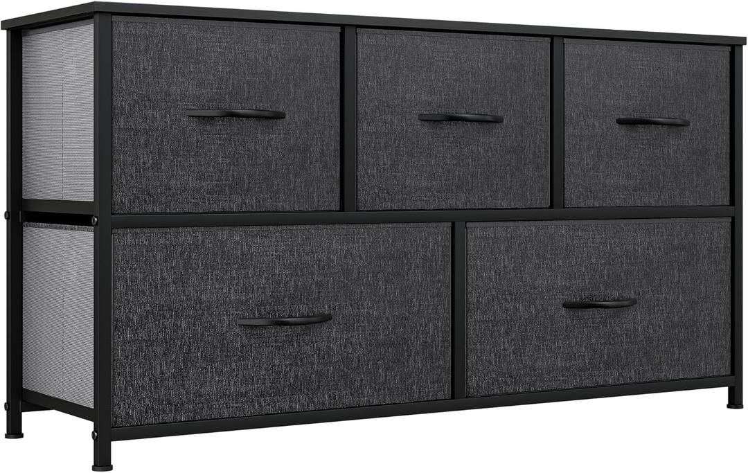 YITAHOME Wide Storage Tower with 5 Drawers - Fabric Dresser, Organizer Unit for Bedroom, Living Room, Closets - Sturdy Steel Frame, Easy Pull Fabric Bins & Wooden Top (Black/Grey)